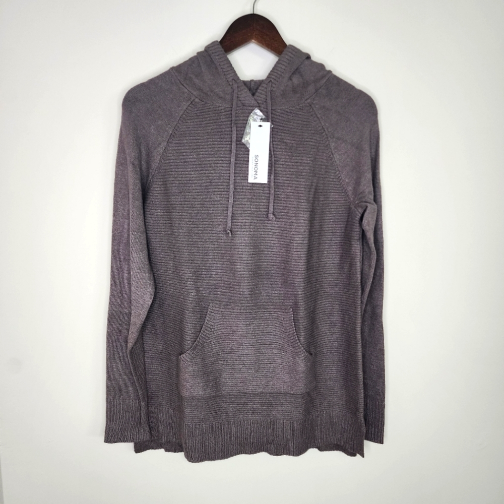 Womens Sonoma Grey/Brown Hooded Longsleeve Ribbed Soft Pullover Sweatshirt